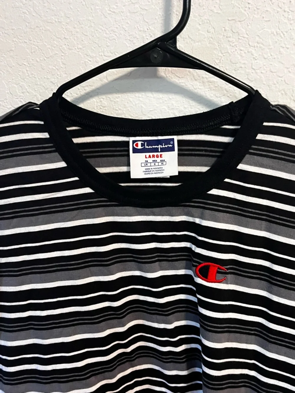 Champion Striped Crewneck Tee in Black, White & Gray with Red Logo - Picture 2 of 5
